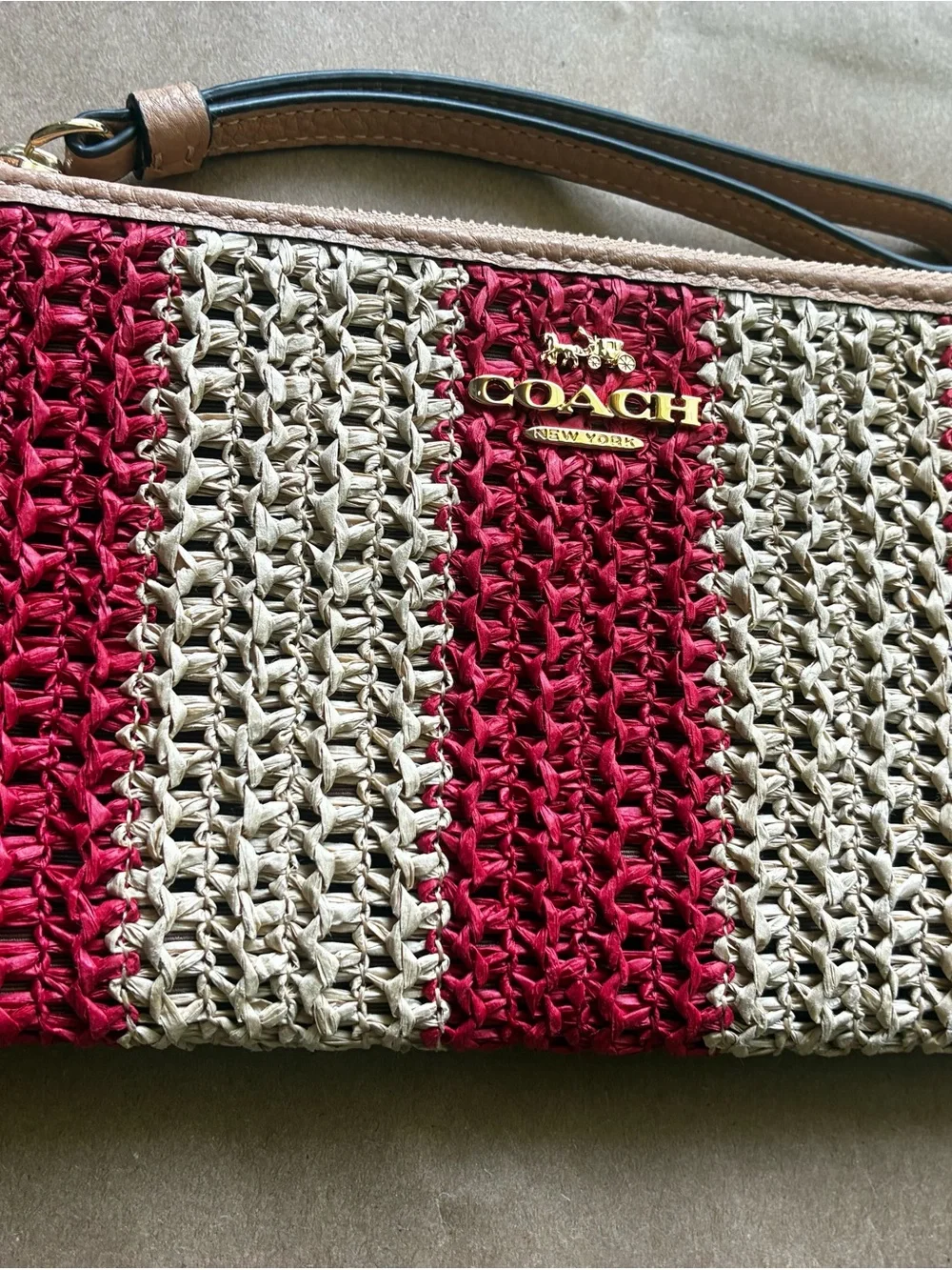 COACH Red and Cream Woven Straw Wristlet